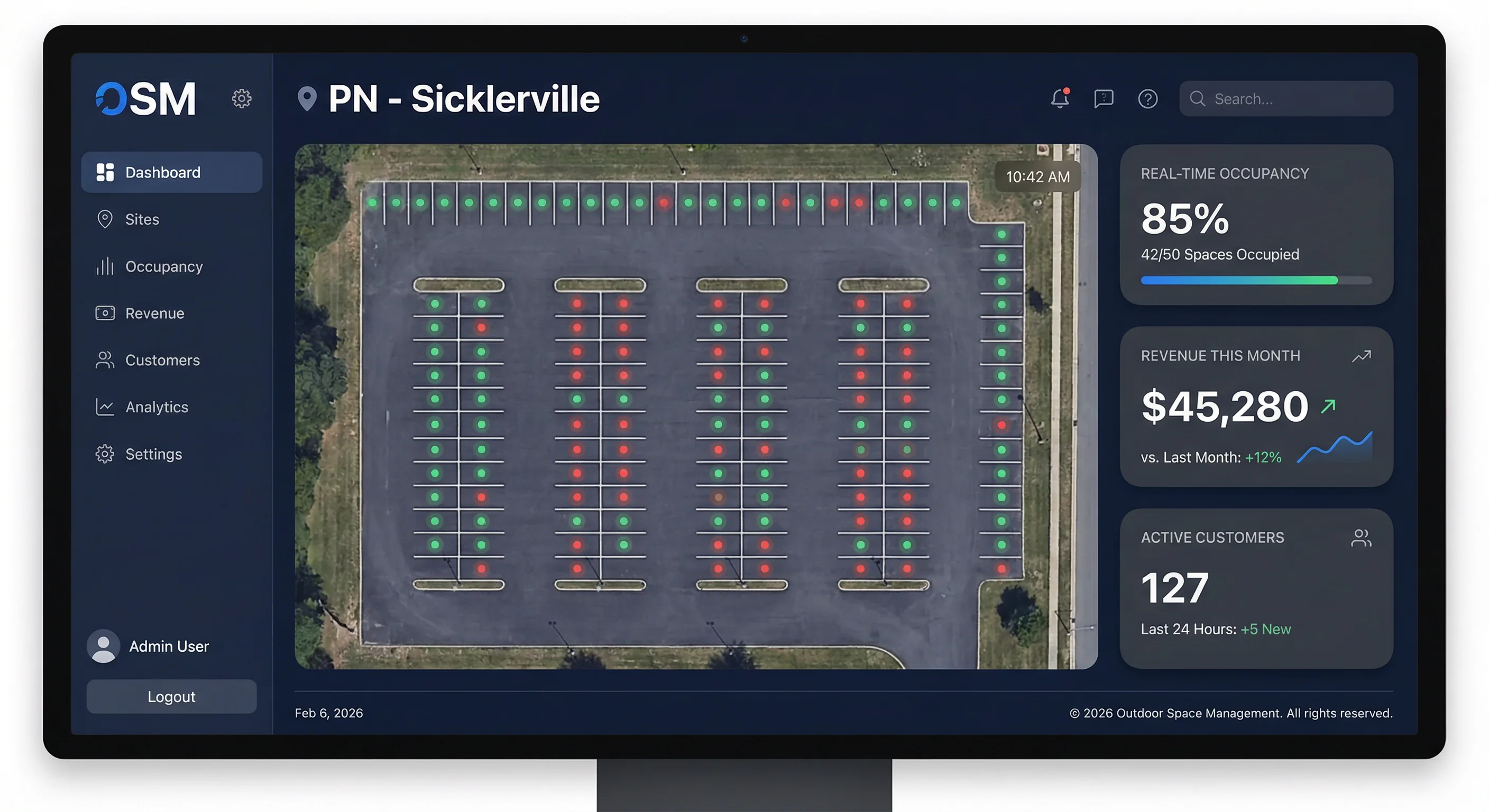 spotOS Dashboard - Real-time occupancy tracking with satellite view