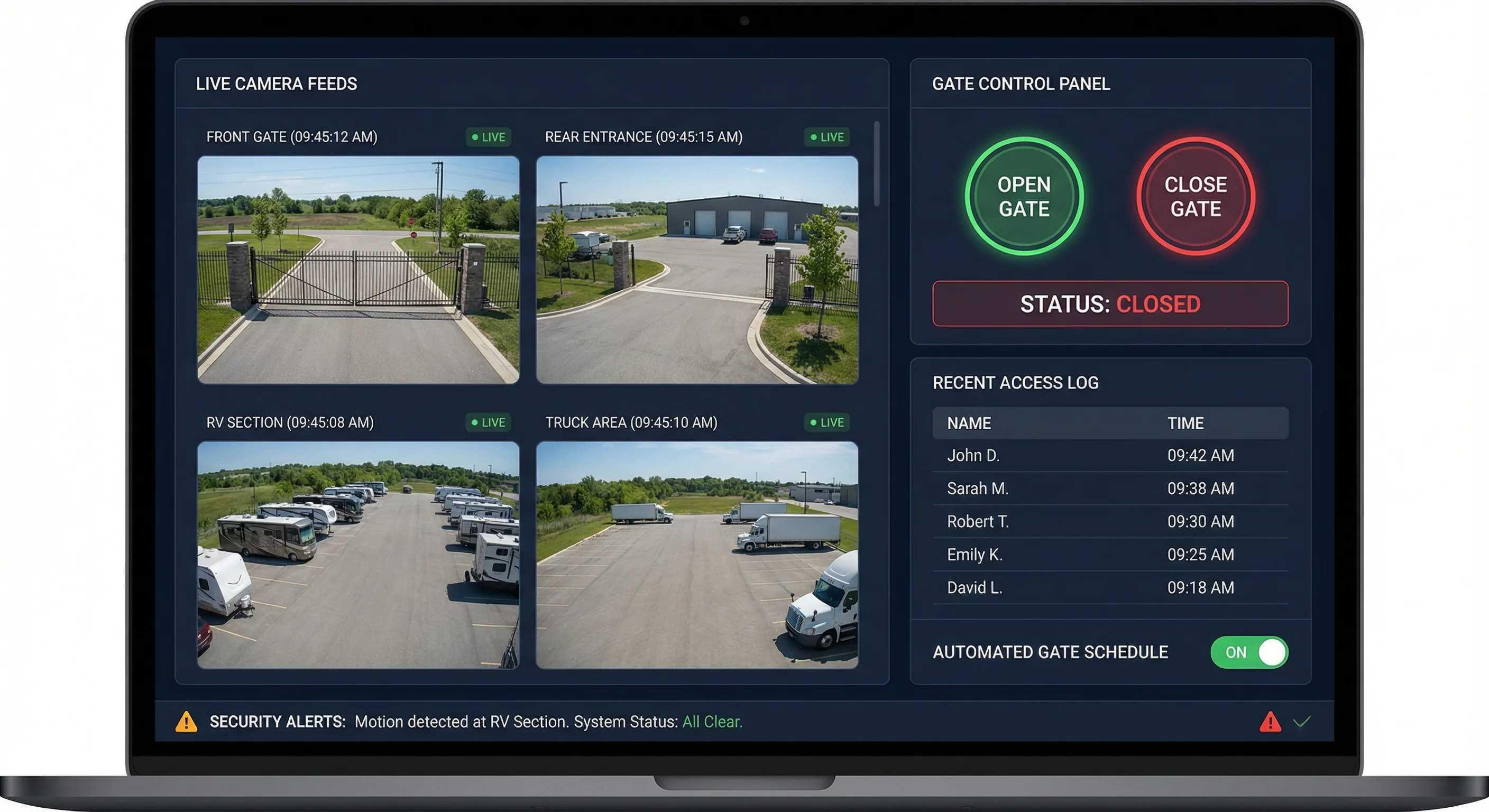 Live camera feeds and gate control panel with security monitoring