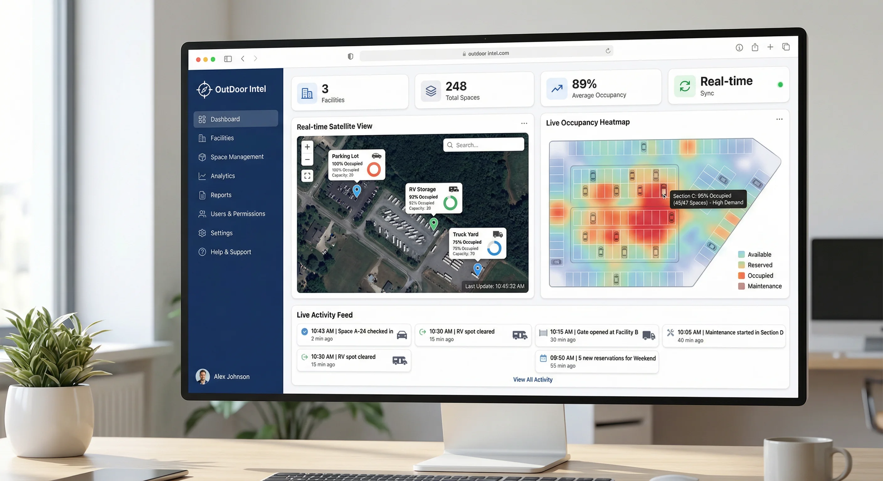 Multi-facility dashboard with real-time occupancy tracking and live activity feed
